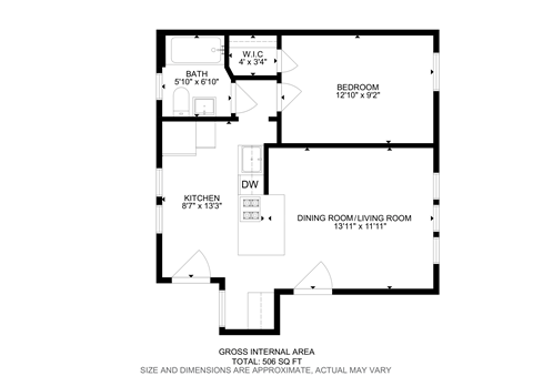 Floor plan for 1 bed, 1 bath, 700 sqft